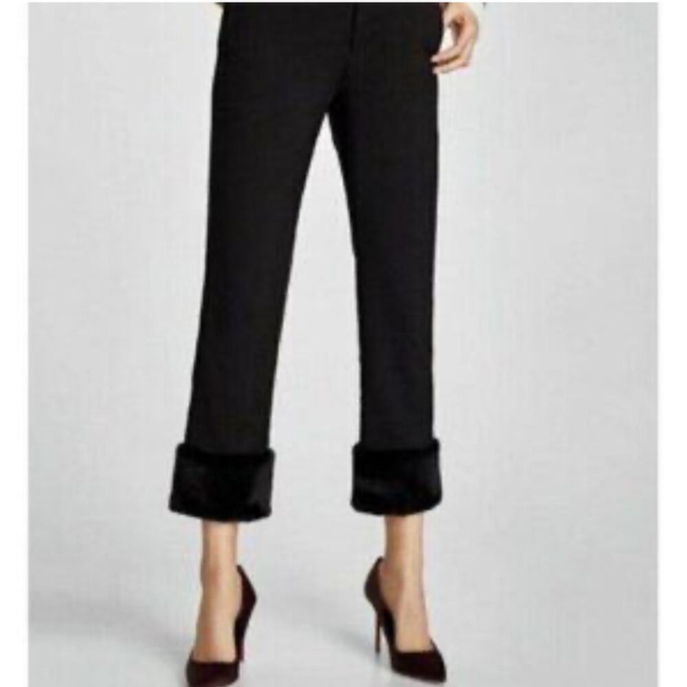 Zara Black Cropped Pants Faux Fur Womens Size M
